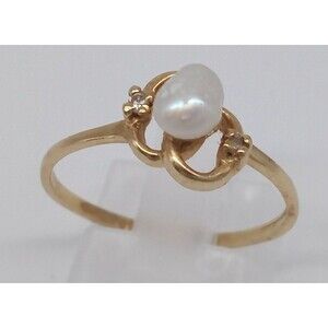 Cultured Pearl Oval Solitaire Ring 14k Yellow Gold Diamonds Size 8.25 Ladies